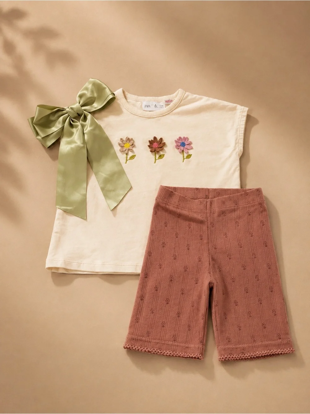 Zara Girls Floral Embroidered Top & Ribbed Knit Shorts Outfit Bundle Size 6